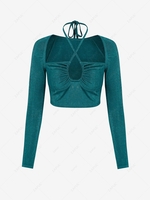 ZAFUL Cross Keyhole Corset Style Halter Crop Tee S Deep green