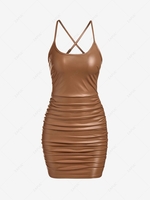 ZAFUL Cross PU Leather Ruched Cami Dress S Coffee