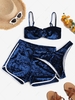 ZAFUL Crushed Velvet O Ring Three Piece Bikini Swimsuit M Cobalt blue