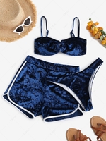 ZAFUL Crushed Velvet O Ring Three Piece Bikini Swimsuit S Cobalt blue