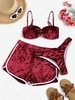 ZAFUL Crushed Velvet O Ring Three Piece Bikini Swimsuit S Red wine