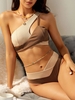 ZAFUL Cut Out High Waisted Two Tone One Shoulder Tankini Swimwear S Deep coffee