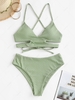 ZAFUL Cut Out Lace Up Textured High Waisted Tankini Swimwear Light green