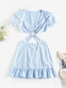 ZAFUL Cut Out O Ring Flounce Hem Dress S Light blue