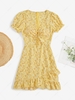 ZAFUL Cut Out Tie Cinched Ditsy Floral Puff Sleeve Dress M Light yellow