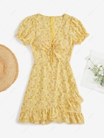 ZAFUL Cut Out Tie Cinched Ditsy Floral Puff Sleeve Dress M Light yellow