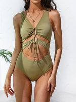 ZAFUL Cut Out Tie Ribbed Plunging Neck Cheeky One-piece Swimsuit M Green