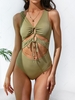 ZAFUL Cut Out Tie Ribbed Plunging Neck Cheeky One-piece Swimsuit S Green