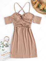 ZAFUL Cut Out Twisted Criss Cross Ribbed Slinky Dress L Light coffee