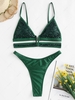 ZAFUL Cut Out V-wire Glitter Sequined Shiny Thong Bikini Swimwear Deep green