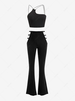 ZAFUL Cutaway Shoulder Ribbed Ladder Cut Waist Pants Set Black