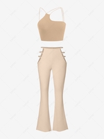 ZAFUL Cutaway Shoulder Ribbed Ladder Cut Waist Pants Set Light coffee