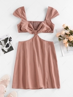 ZAFUL Cutout Cap Sleeve Smocked Slit Dress M Deep coffee