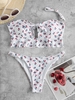ZAFUL Cutout Cherry Print Flounced Bikini Swimwear L White