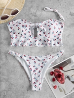 ZAFUL Cutout Cherry Print Flounced Bikini Swimwear L White