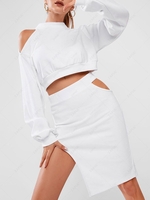 ZAFUL Cutout Cropped Sweatshirt and High Split Skirt Set Xl White