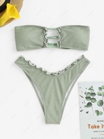 ZAFUL Cutout Glitter Lurex Lettuce Hem High Leg Cheeky Bikini Set Light green