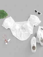 ZAFUL Cutout Shirred Back Puff Sleeve Cropped Blouse M White