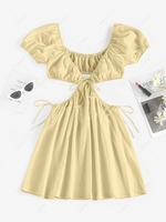 ZAFUL Cutout Tie Puff Sleeve Plunge Dress L Light yellow