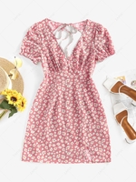 ZAFUL Daisy Floral Cutout Tie Slit Dress L Light pink