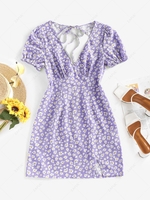 ZAFUL Daisy Floral Cutout Tie Slit Dress L Light purple