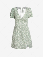 ZAFUL Daisy Floral Cutout Tie Slit Dress S Light green