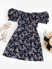 ZAFUL Daisy Floral Off Shoulder Frilled Dress M Deep blue