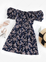 ZAFUL Daisy Floral Off Shoulder Frilled Dress M Deep blue