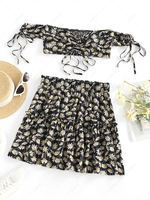 ZAFUL Daisy Floral Tie Off Shoulder Skirt Set L Black