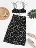 ZAFUL Daisy Floral Tie Ruched Two Piece Skirt Set L Black