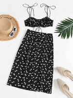ZAFUL Daisy Floral Tie Ruched Two Piece Skirt Set L Black