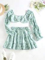 ZAFUL Daisy Leaf Puff Sleeve Two Piece Skirt Set L Light green