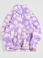 ZAFUL Daisy Pattern Quarter Zip Fuzzy Sweatshirt L Light purple