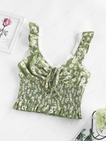 ZAFUL Daisy Print Ruffle Smocked Drawstring Tank Top M Light green