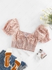 ZAFUL Daisy Print Smocked Puff Sleeve Buttons Blouse M Light pink