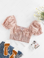 ZAFUL Daisy Print Smocked Puff Sleeve Buttons Blouse Xl Light pink