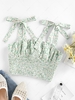 ZAFUL Daisy Print Smocked Tie Shoulder Bustier Top L Light green