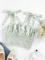 ZAFUL Daisy Print Smocked Tie Shoulder Bustier Top L Light green