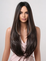zaful Dark Brown Highlight White Long Natural Straight Synthetic Wig