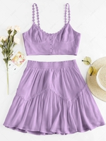 ZAFUL Flower Applique Button Up Mini Skirt Set M Mauve