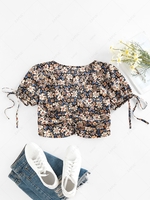 ZAFUL Flower Bowknot Ruched Buttoned Blouse Xl Multi a