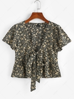 ZAFUL Flower Butterfly Sleeve Plunging Peplum Blouse M