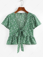 ZAFUL Flower Butterfly Sleeve Plunging Peplum Blouse S Light green