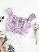 ZAFUL Flower Cinched Tie Crop Blouse M Light purple