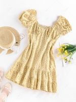 ZAFUL Flower Gingham Print Puff Sleeve Smocked Dress L Light yellow