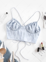 ZAFUL Flower Jacquard Ruffle Lace Up Satin Crop Top M Light blue