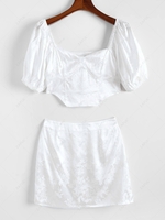 ZAFUL Flower Jacquard Smocked Satin Puff Sleeve Mini Skirt Set Xl White