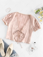 ZAFUL Flower Jacquard Tie Front Lace Insert Blouse Xl Light pink