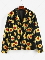 ZAFUL Flower Pattern Button Up Fluffy Teddy Jacket S Black