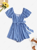 ZAFUL Flower Print Belted Wide Leg Romper S Blue